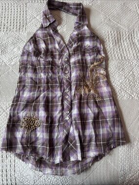Guess Purple Plaid Embroidered Halter Button-Front Top